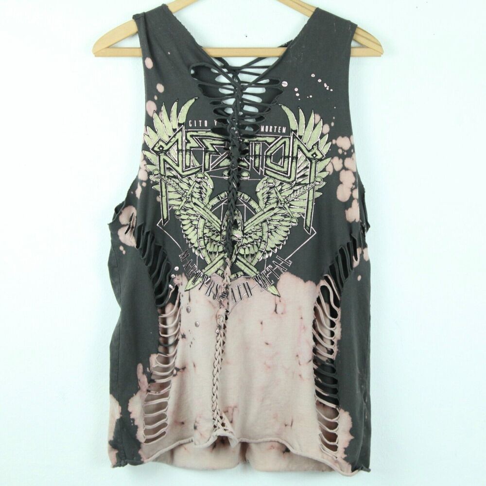 Y2K Style Ripped Laser Cut‎ Tank Death Metal XL Black Distressed Rocker Goth